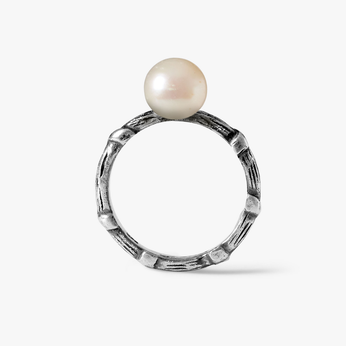 Bel Air oxidised silver ring with 10mm white freshwater pearl, handcrafted in Mauritius by Oceano Jewels