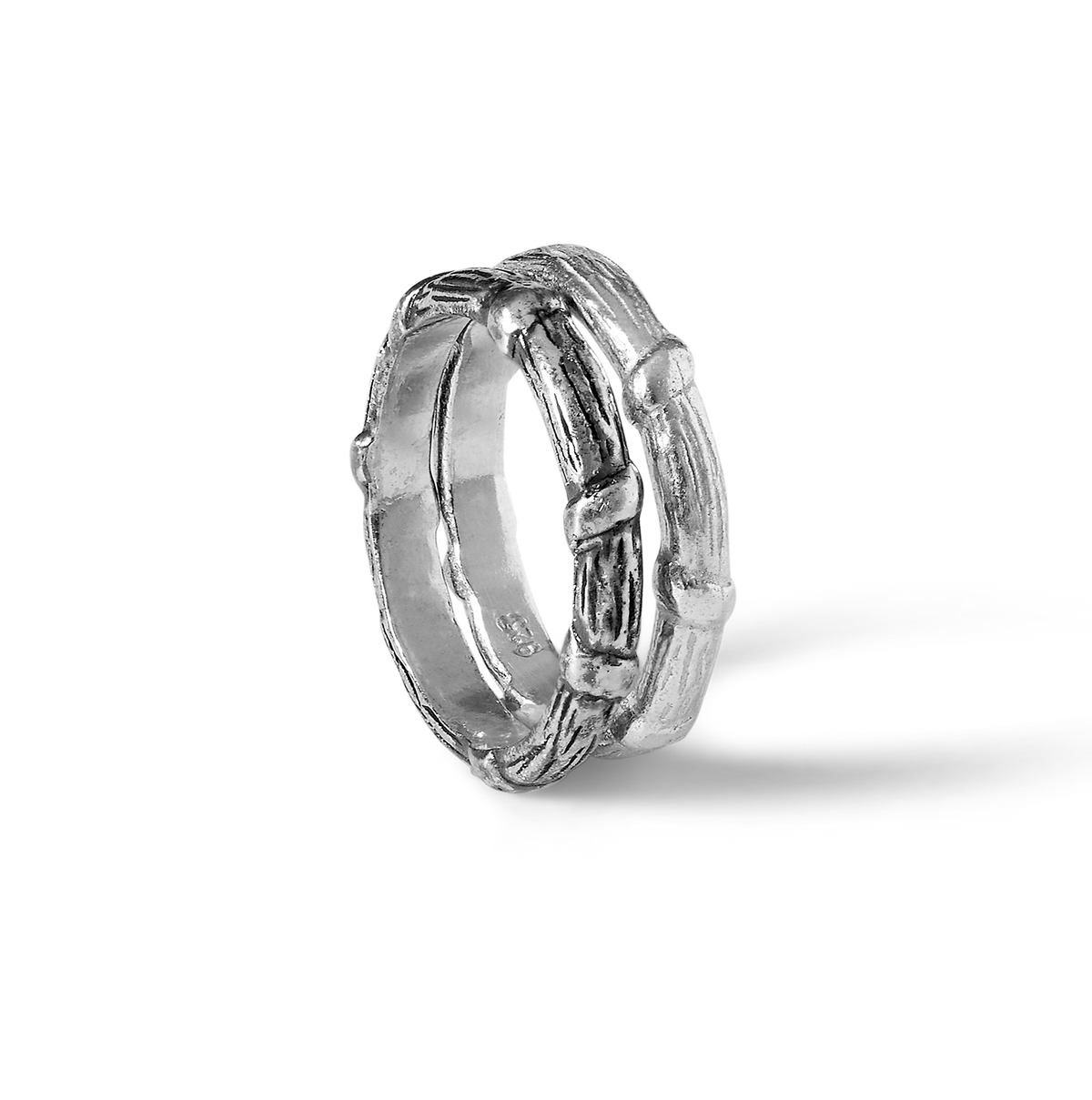 Bel Air oxidised silver ring with textured sugar cane inspired design