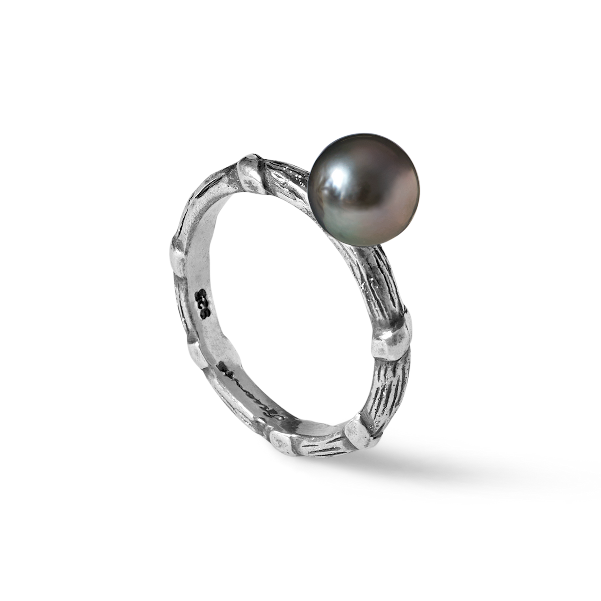 Bel Air oxidised silver ring with a 10mm Tahitian semi-round pearl by Oceano Jewels