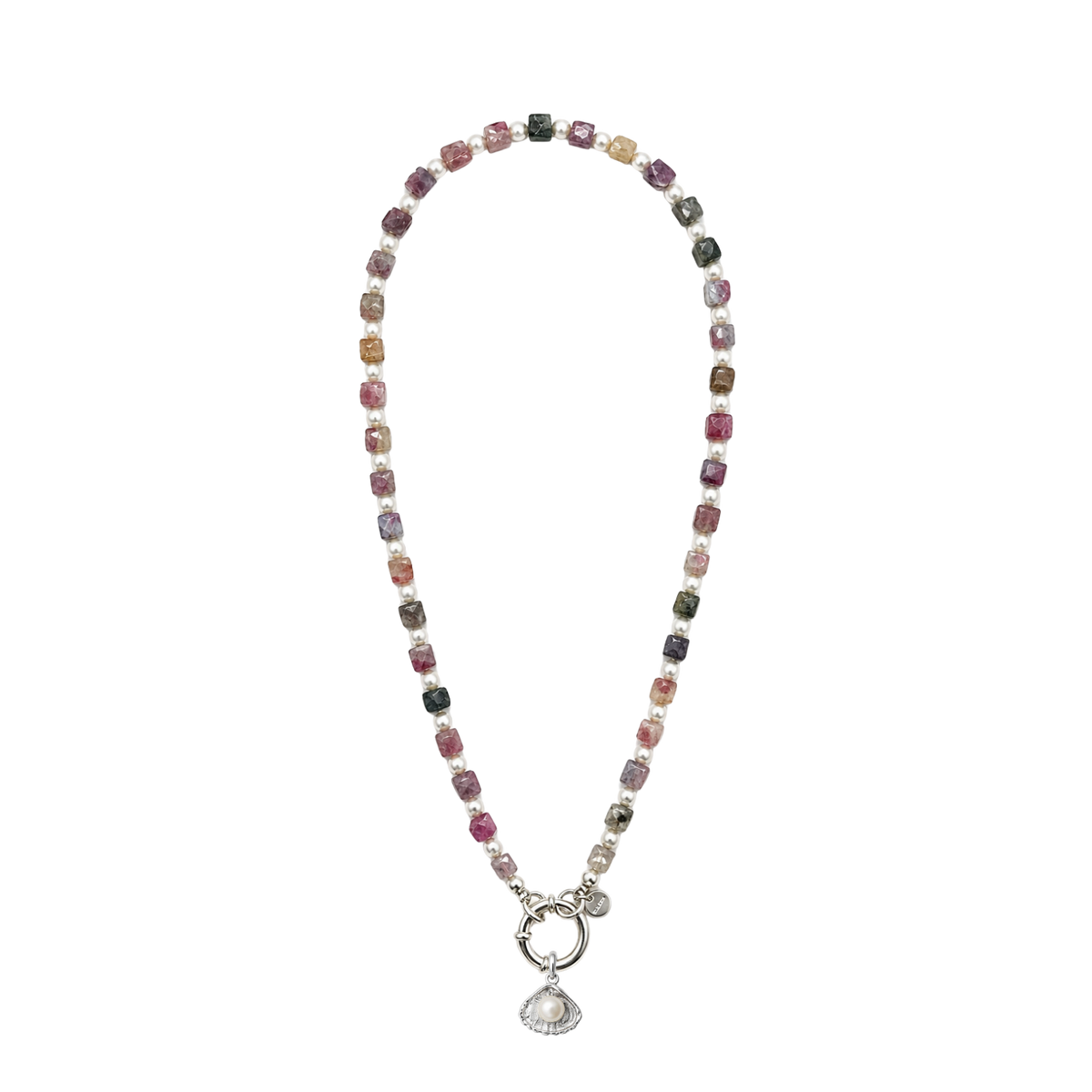 Necklace with multicolored beads and a silver clasp with shell pendant .