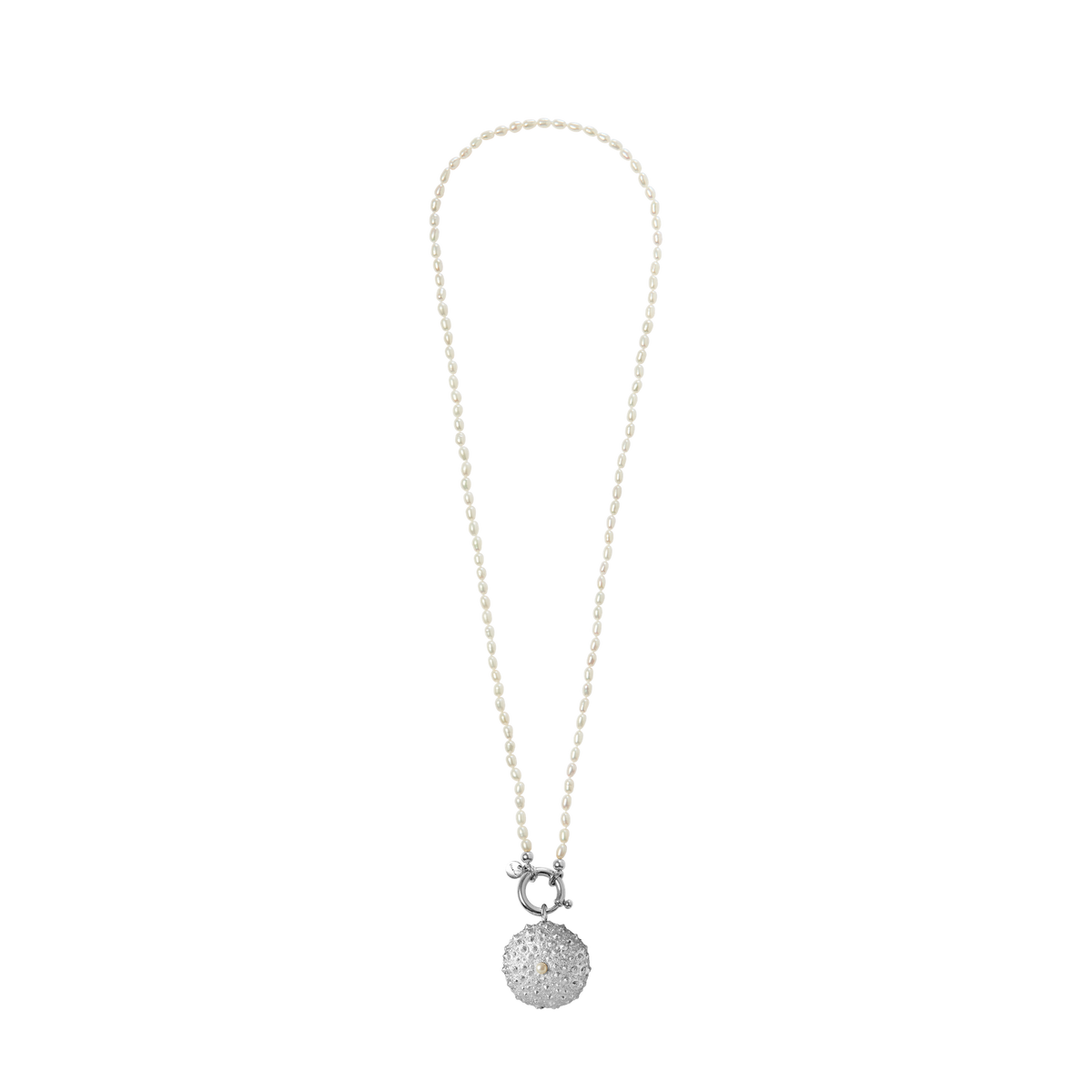 Oceano Surinam 70cm silver necklace with white rice pearls and sterling silver sea urchin pendant
