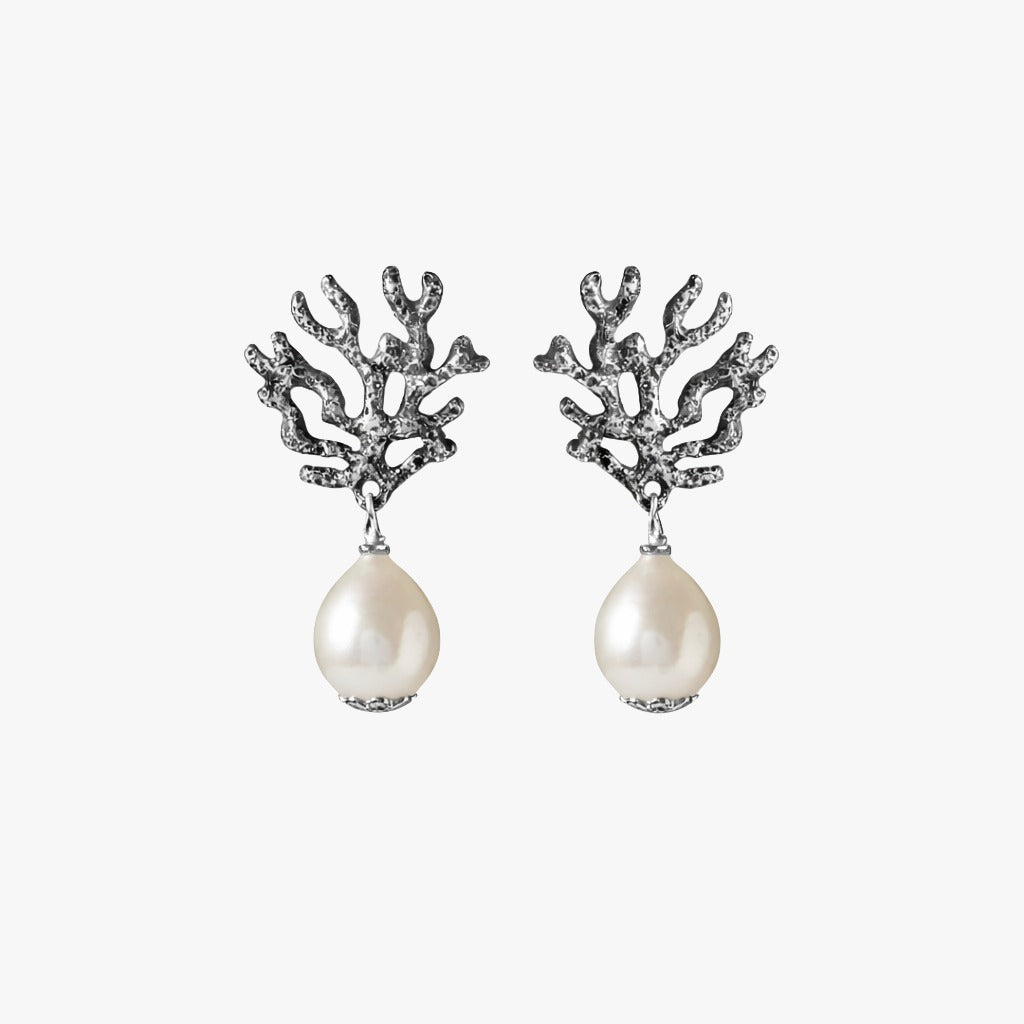Plaine Corail oxidised silver earrings with white baroque pearl drops by Oceano Jewels