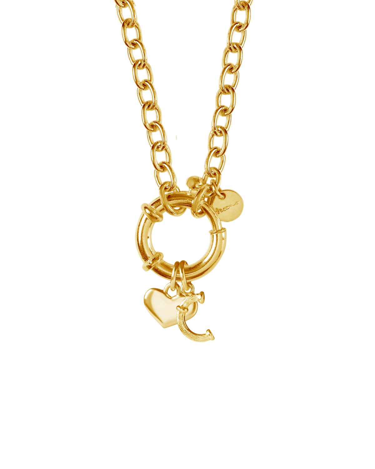 Close-up of the gold alphabet charm on the St Géran necklace