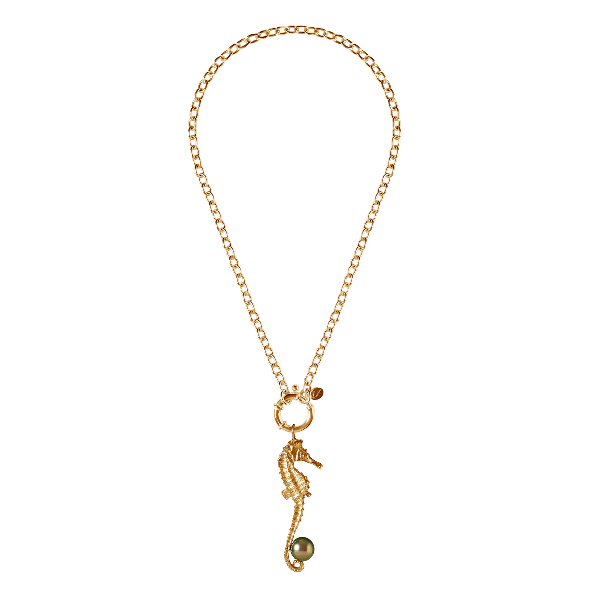 St Géran gold seahorse necklace with Tahitian pearl in 18K gold vermeil.