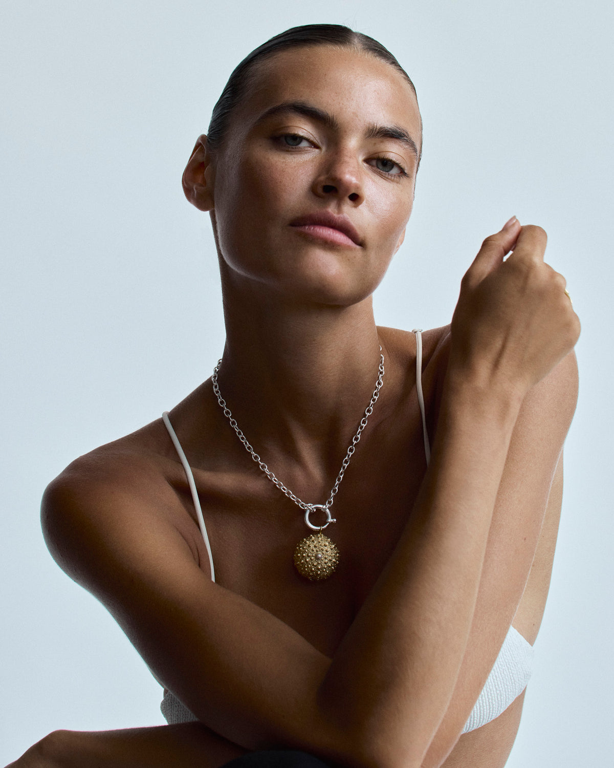 St Géran silver sea urchin pendant with natural white pearl by Oceano Jewels