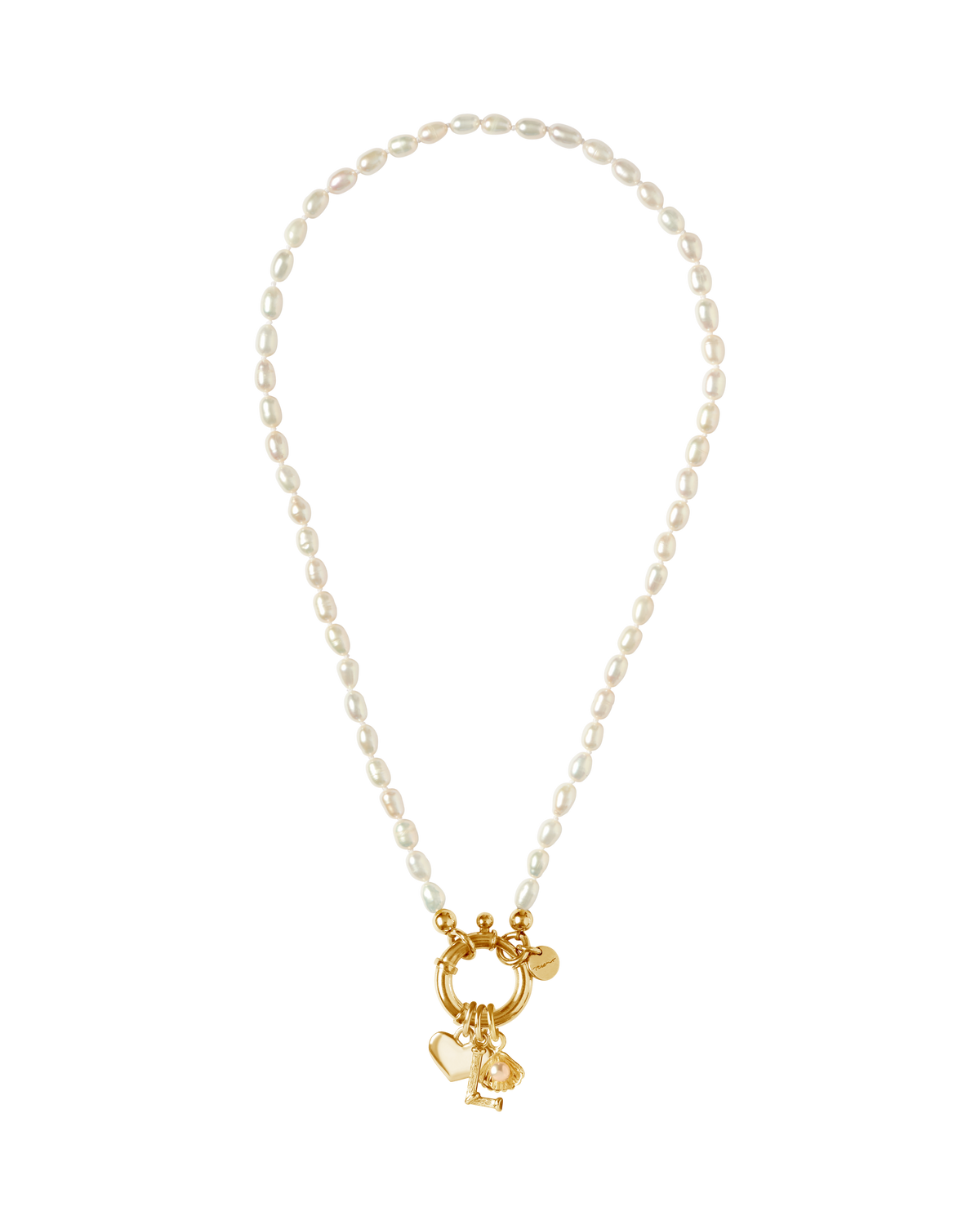 Front view of Surinam Gold Alphabet & Charms pearl necklace by Oceano Jewels