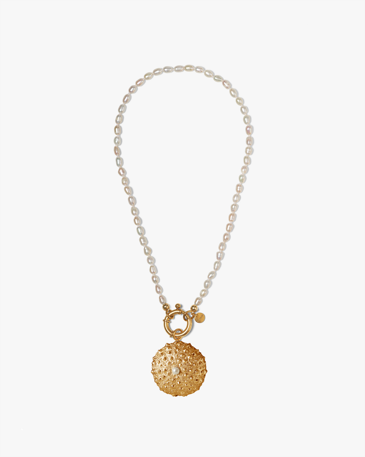 Surinam 70 cm gold necklace with white freshwater rice pearls and sculpted sea urchin clasp