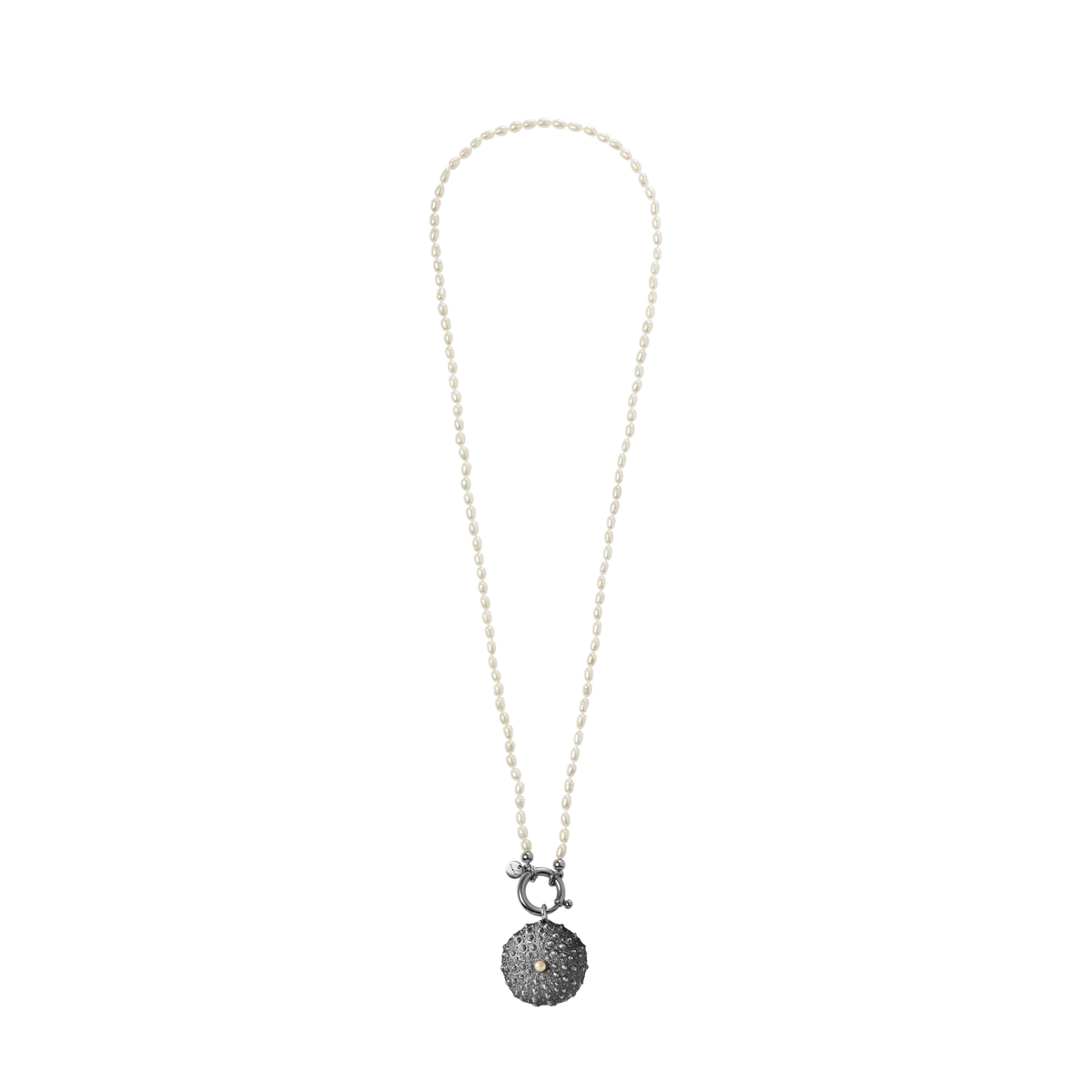 Oceano Surinam 70cm oxidised silver necklace with white rice pearls and sea urchin