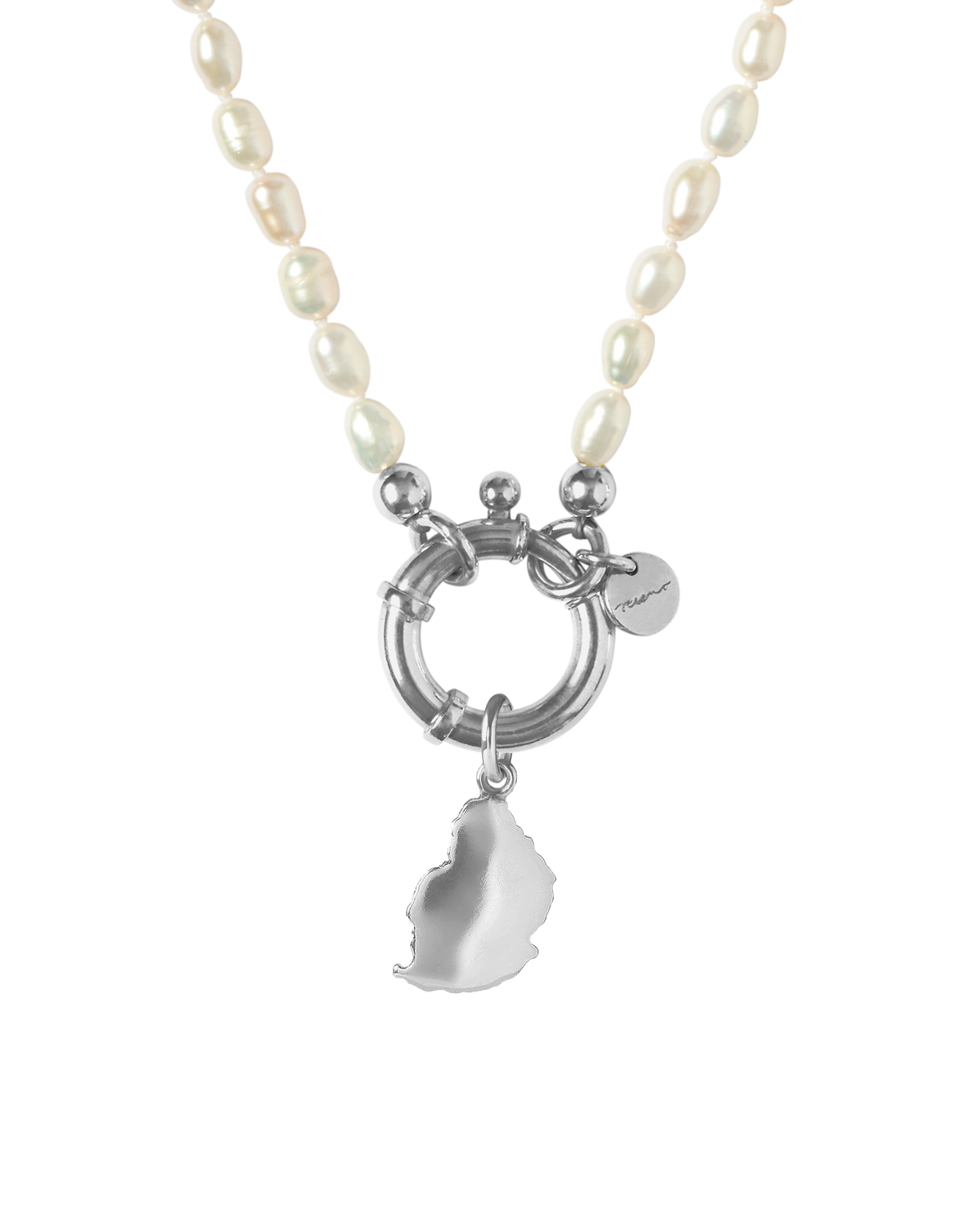 Surinam sterling silver pearl necklace with Mauritius map charm
