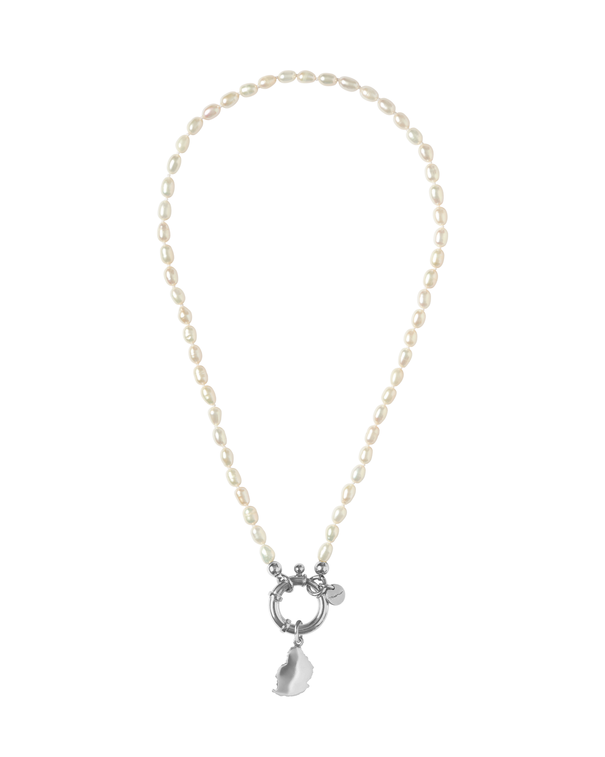 Full view of the Surinam 42cm sterling silver pearl necklace with Mauritius map charm
