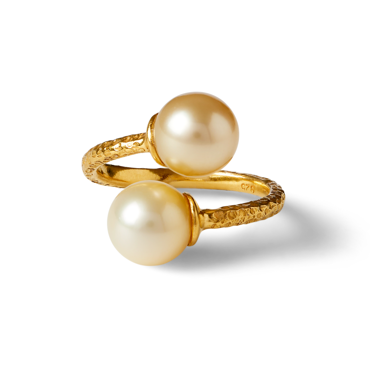Trou D'eau Douce gold beaten ring with two 9mm golden South Sea pearls