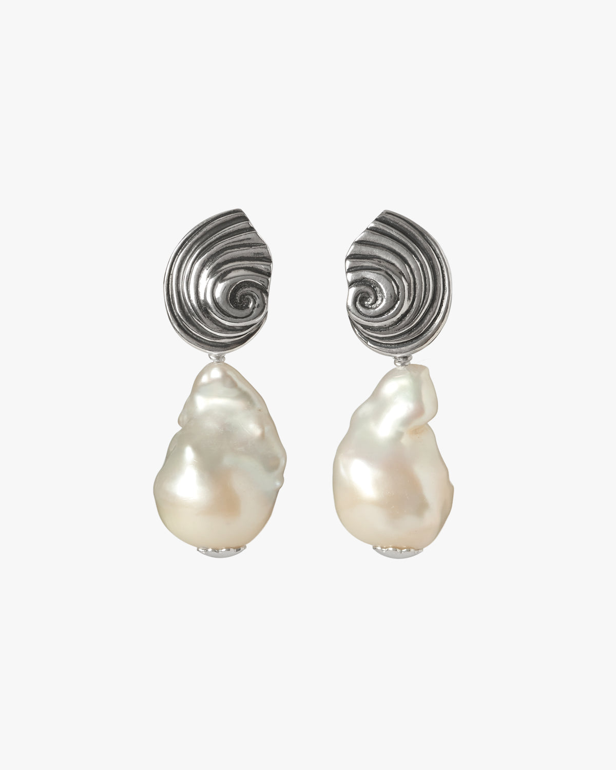 Agalega oxidised silver drop earrings with natural white baroque pearls