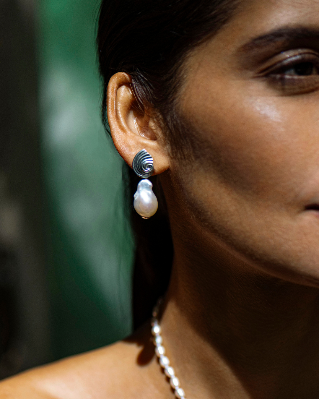 Agalega oxidised 925 sterling silver earrings with spiral shell design and baroque pearls