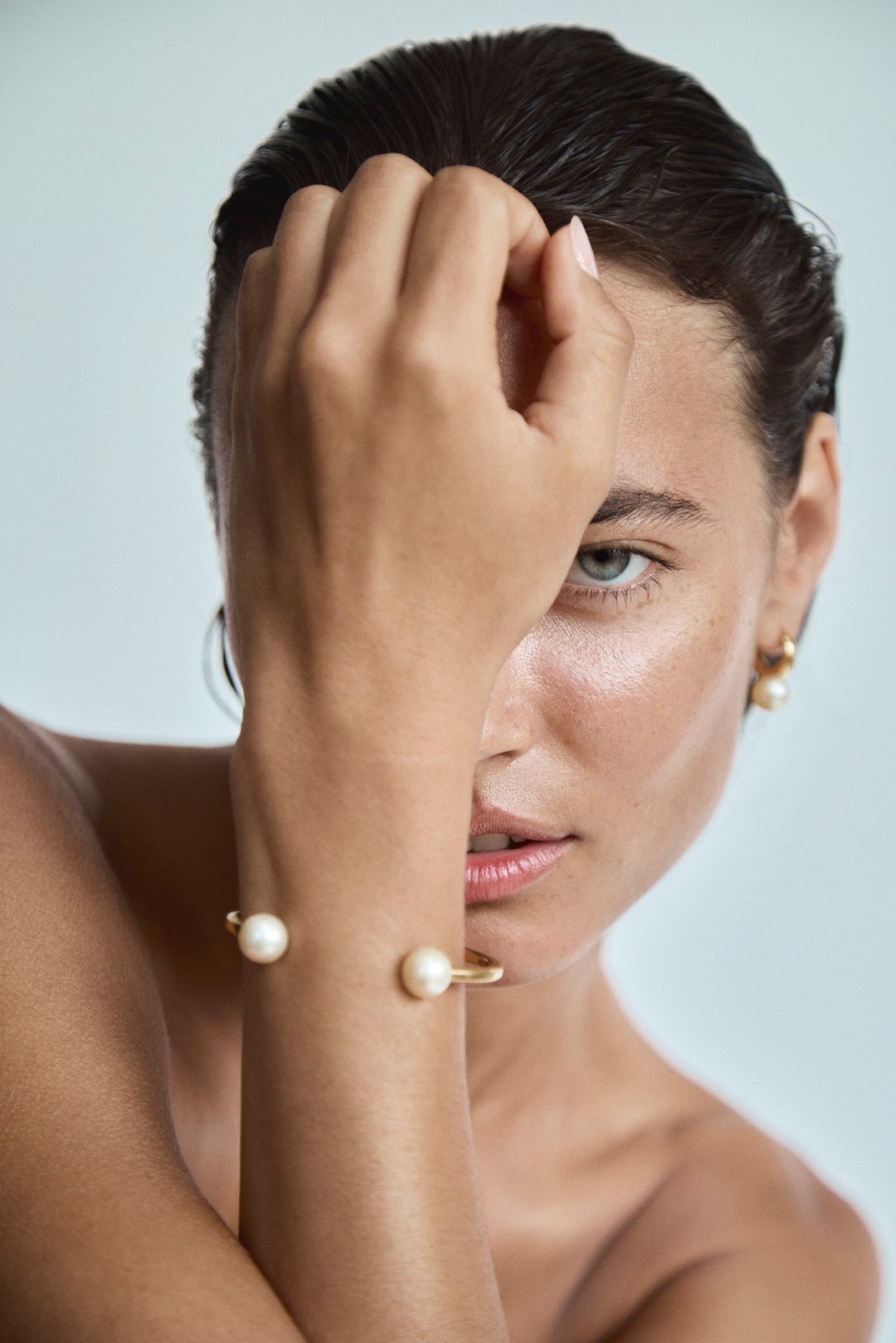Balaclava gold vermeil cuff bracelet featuring two lustrous 10–11 mm South Sea pearls, Oceano Jewels Mauritius