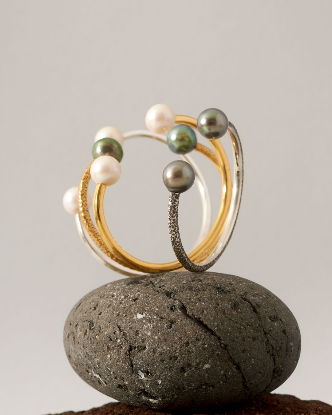 Close-up of a Balaclava sterling silver cuff bracelet with natural Tahitian pearls