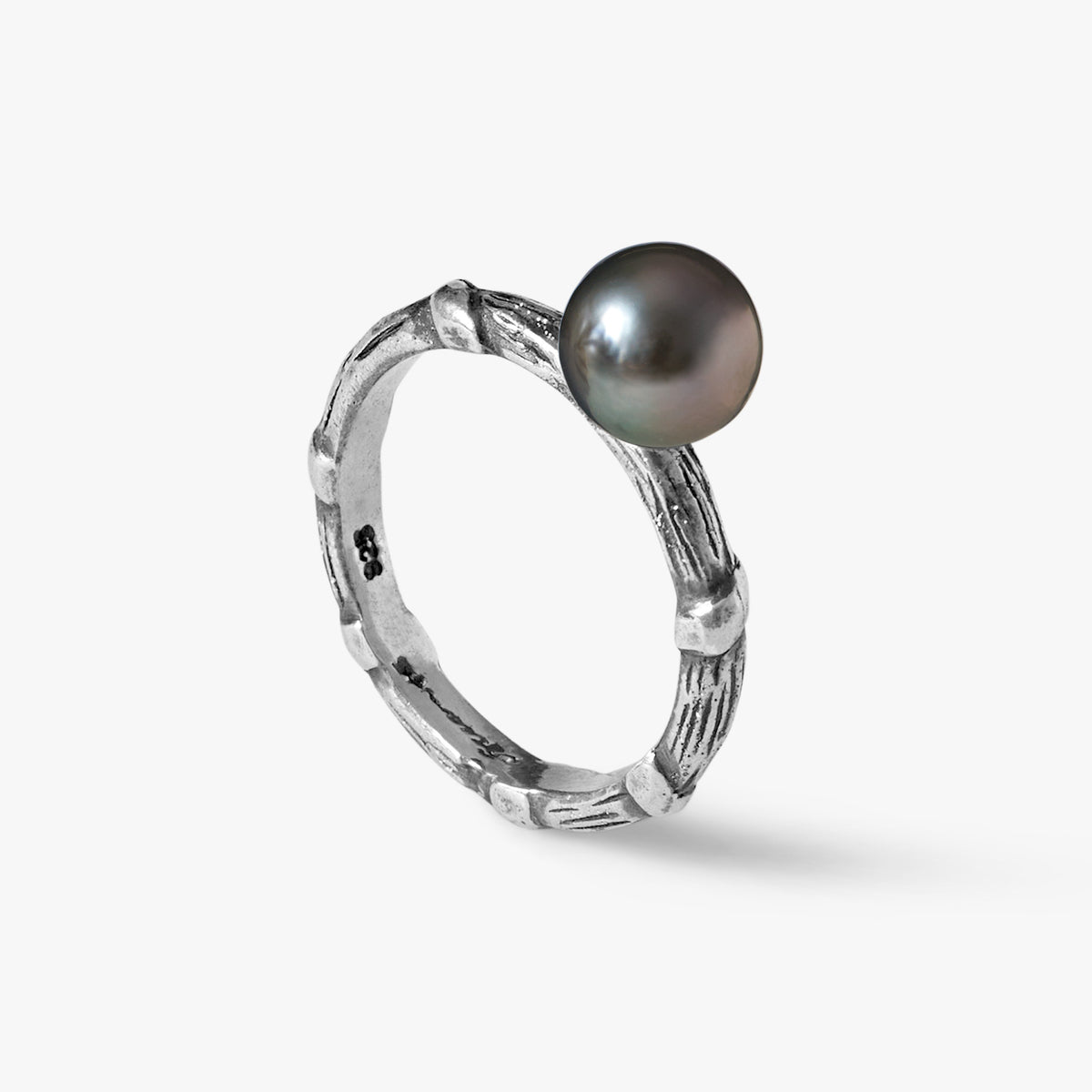 Bel Air oxidised silver ring with a 10mm Tahitian semi-round pearl by Oceano Jewels