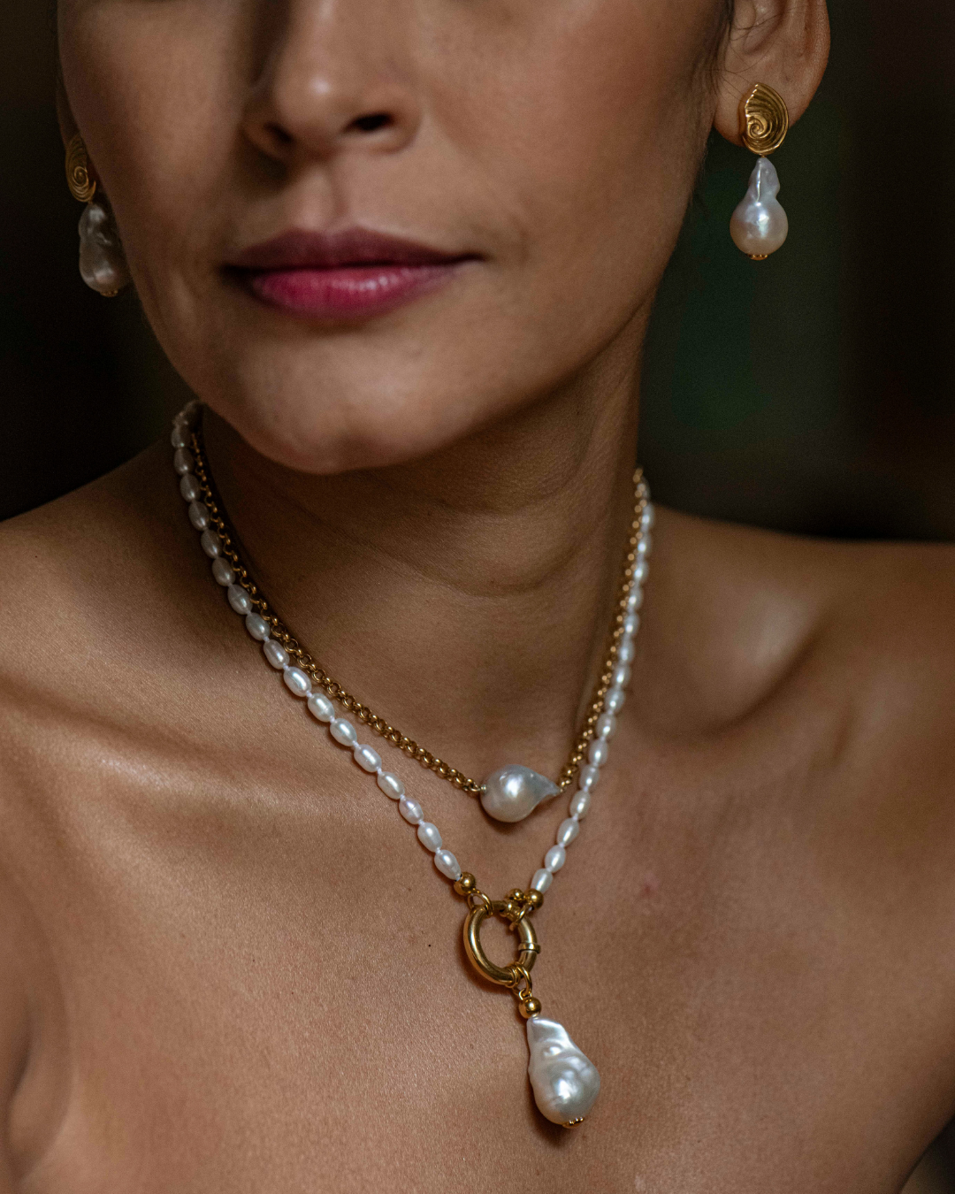 Calodyne gold baroque pearl necklace with Oceano signature nautical clasp
