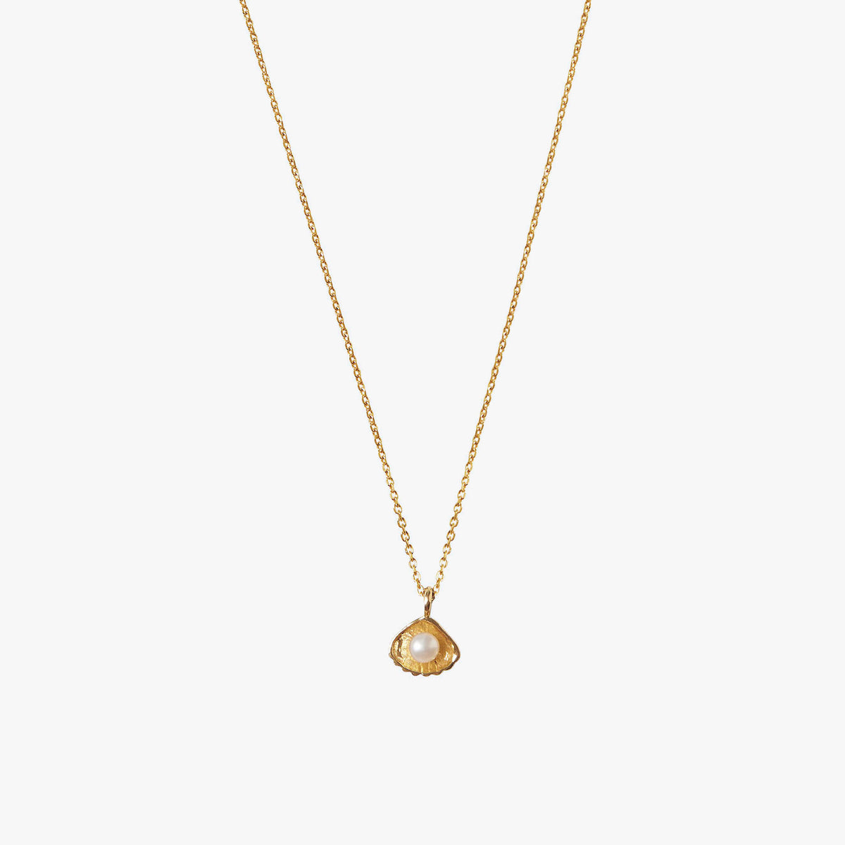 Flacq gold necklace with white freshwater pearl and shell pendant by Oceano Jewels