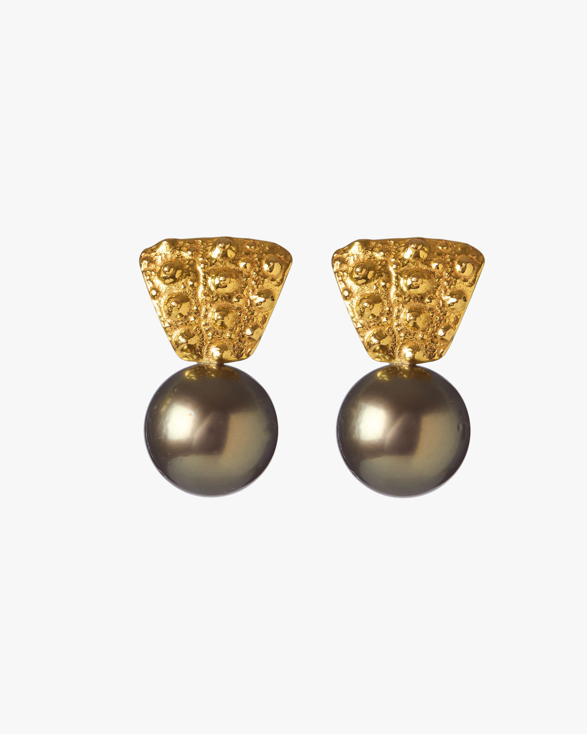 Grand Gaube 18K gold vermeil earrings with 12mm round Tahitian pearls by Oceano Jewels