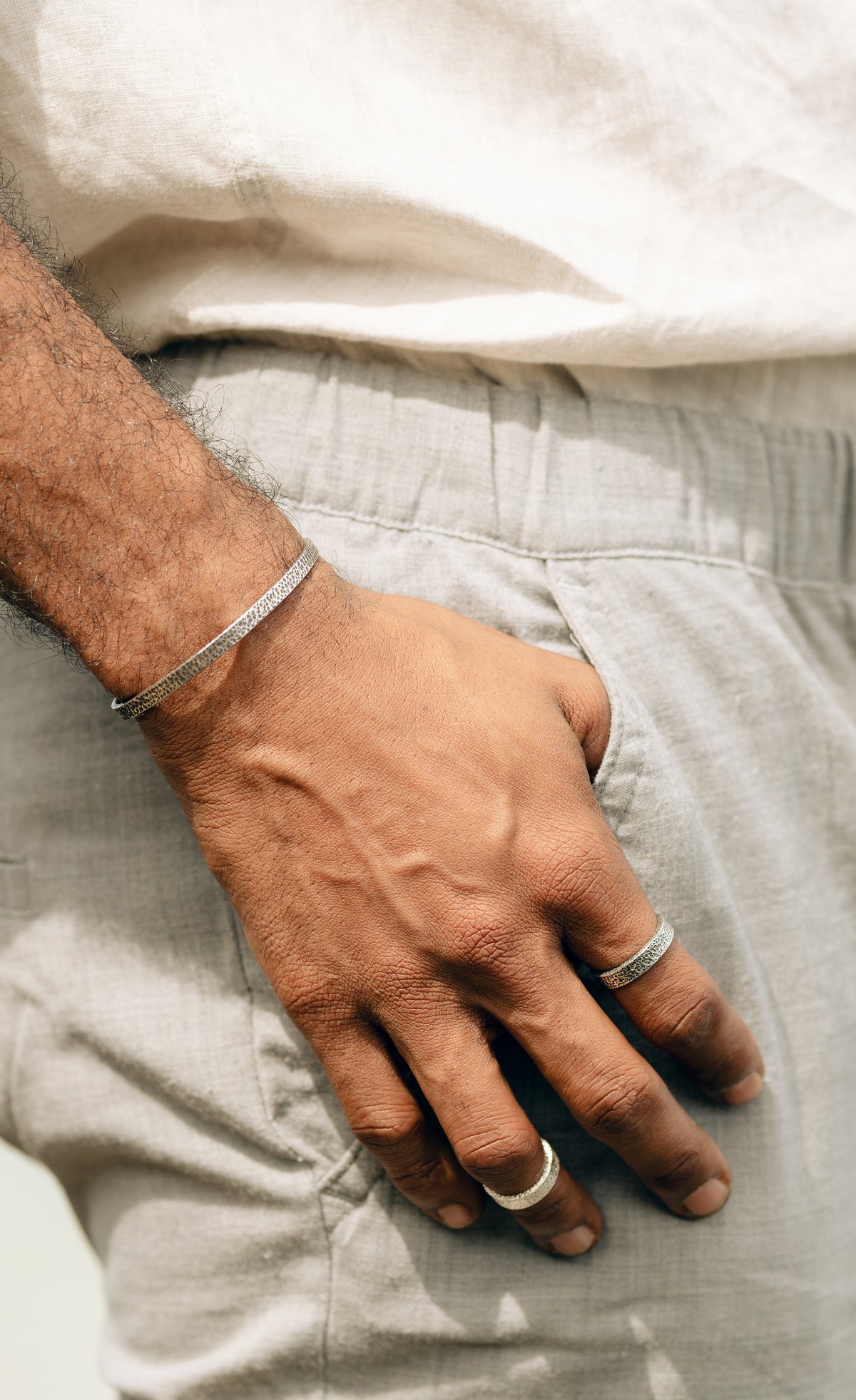 Close-up of the handcrafted textured finish on the Gris Gris 925 sterling silver cuff bracelet