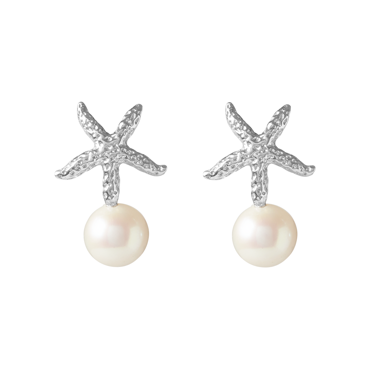 Oceano Jewels Ilot Starfish silver earrings with white round freshwater pearls 8mm