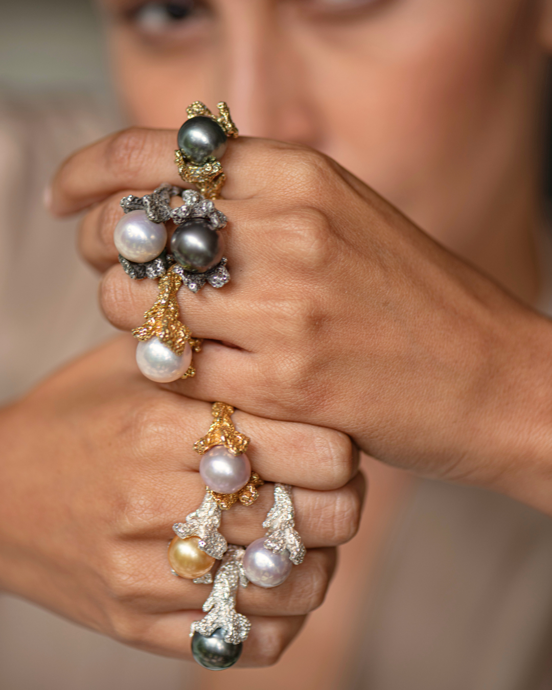Close-up of the white South Sea pearl set in an Ile aux Cerfs 18K solid gold ring