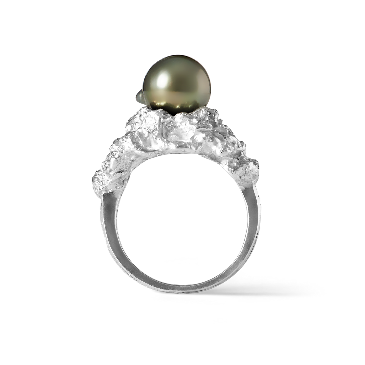 Ile aux Sables 925 sterling silver ring with iridescent 9mm Tahitian pearl and coral-inspired band