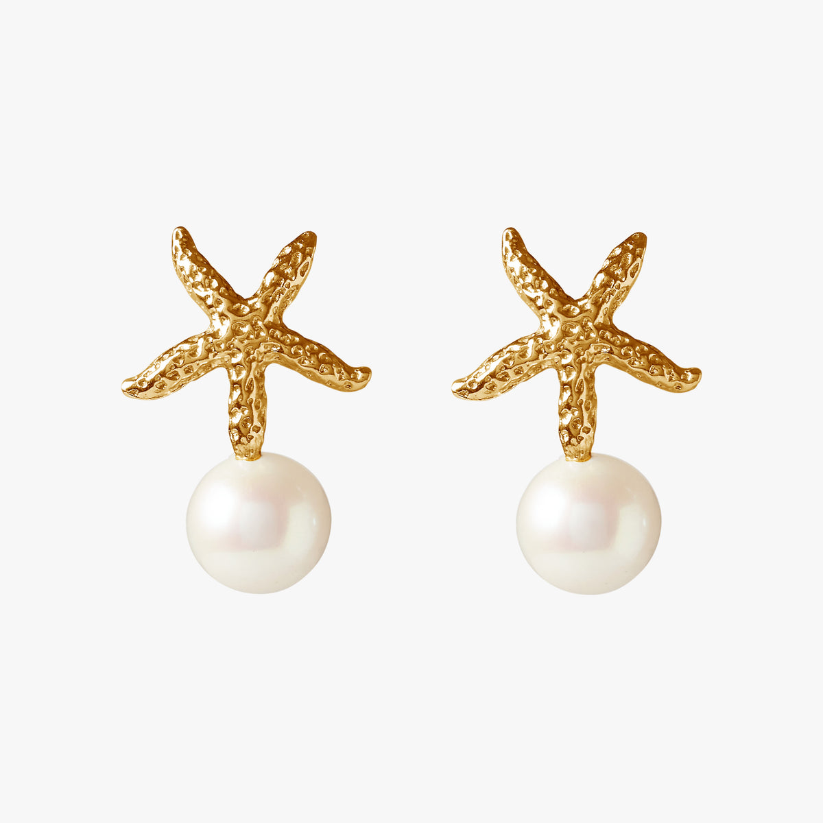 Ilot Starfish gold vermeil earrings with white 8mm round freshwater pearls by Oceano Jewels