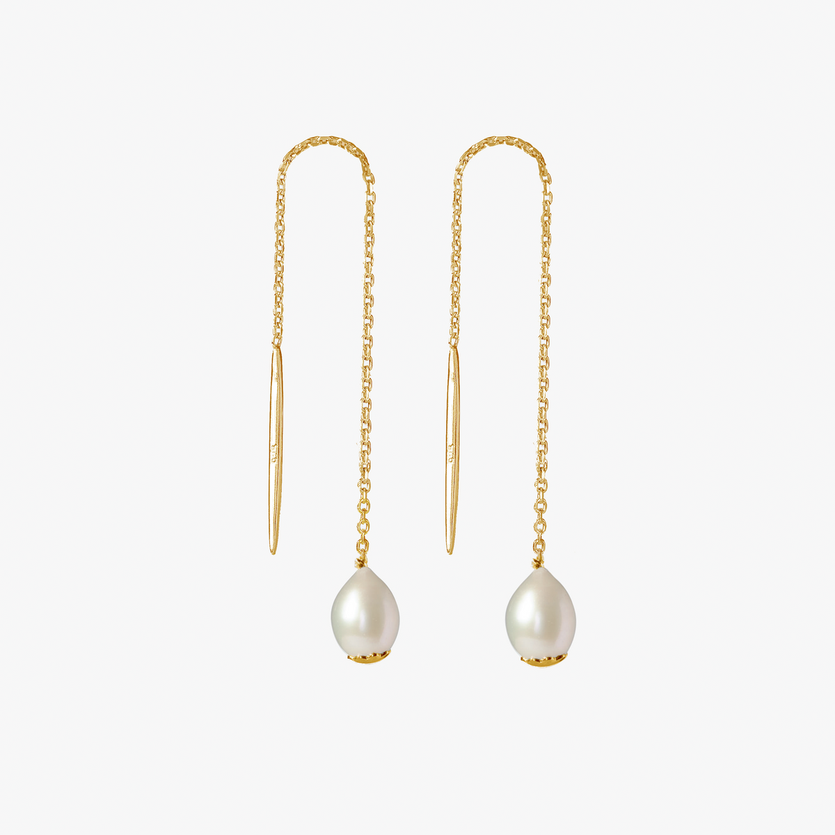 Les Salines gold drop pearl earrings with 9mm white freshwater pearls by Oceano Jewels