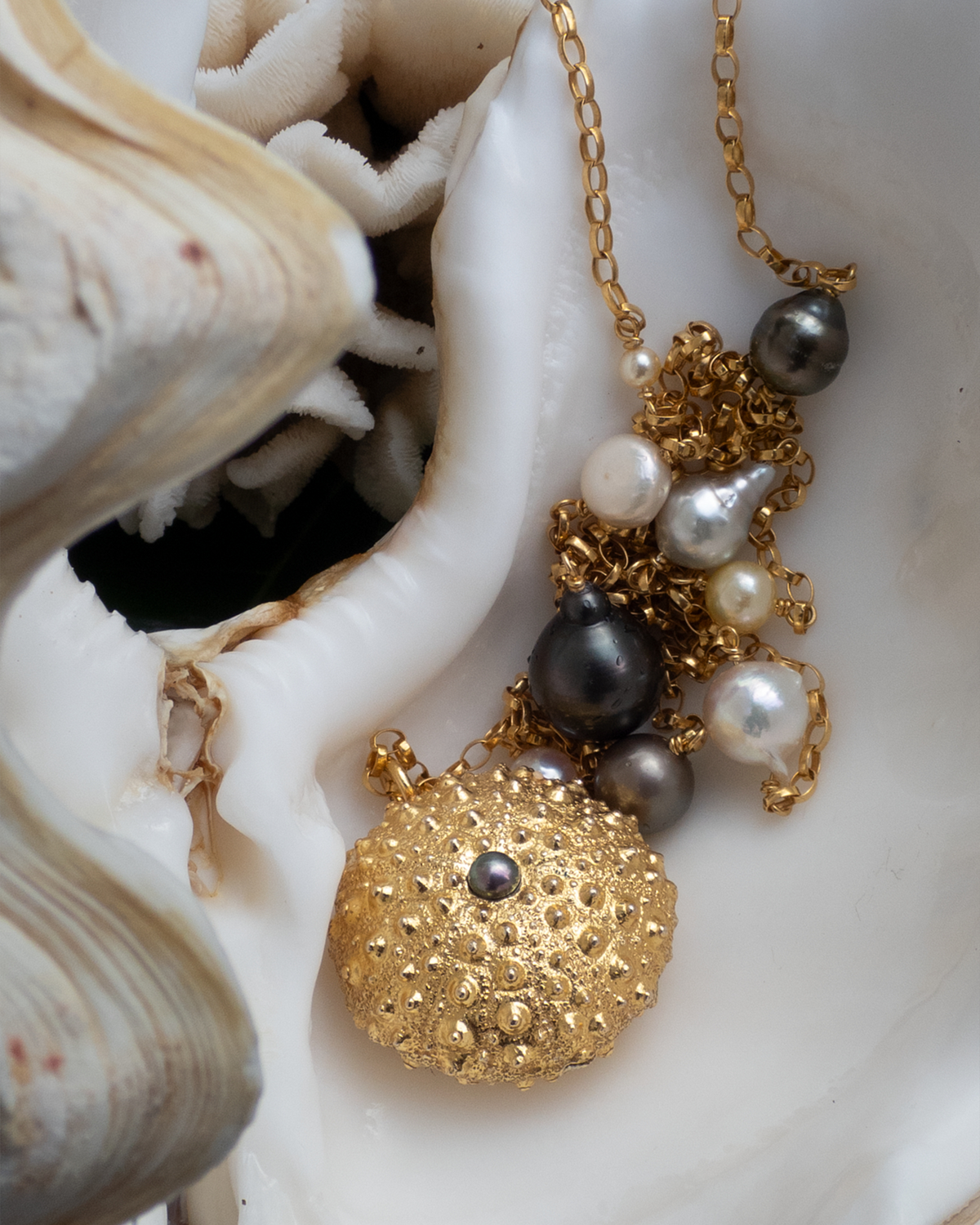 Oceano Blue Bay Sea Urchin necklace with natural pearls and textured gold vermeil pendant