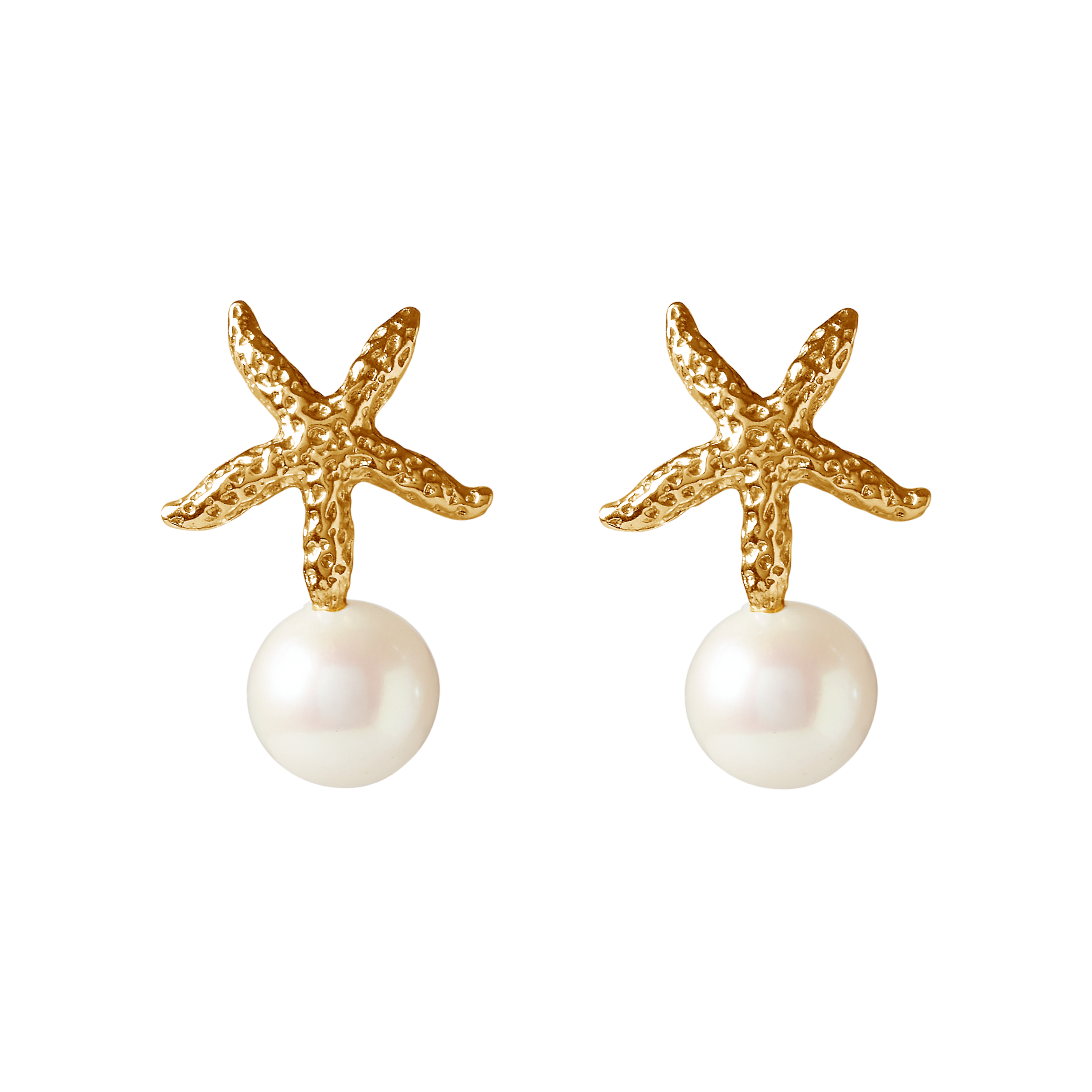 Ilot Starfish gold vermeil earrings with white 8mm round freshwater pearls by Oceano Jewels