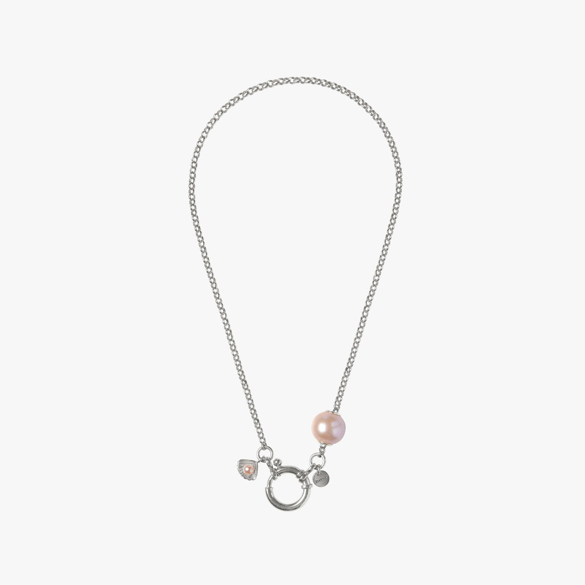 Paul et Virginie necklace featuring a luminous 14 mm pink pearl and polished silver chain.