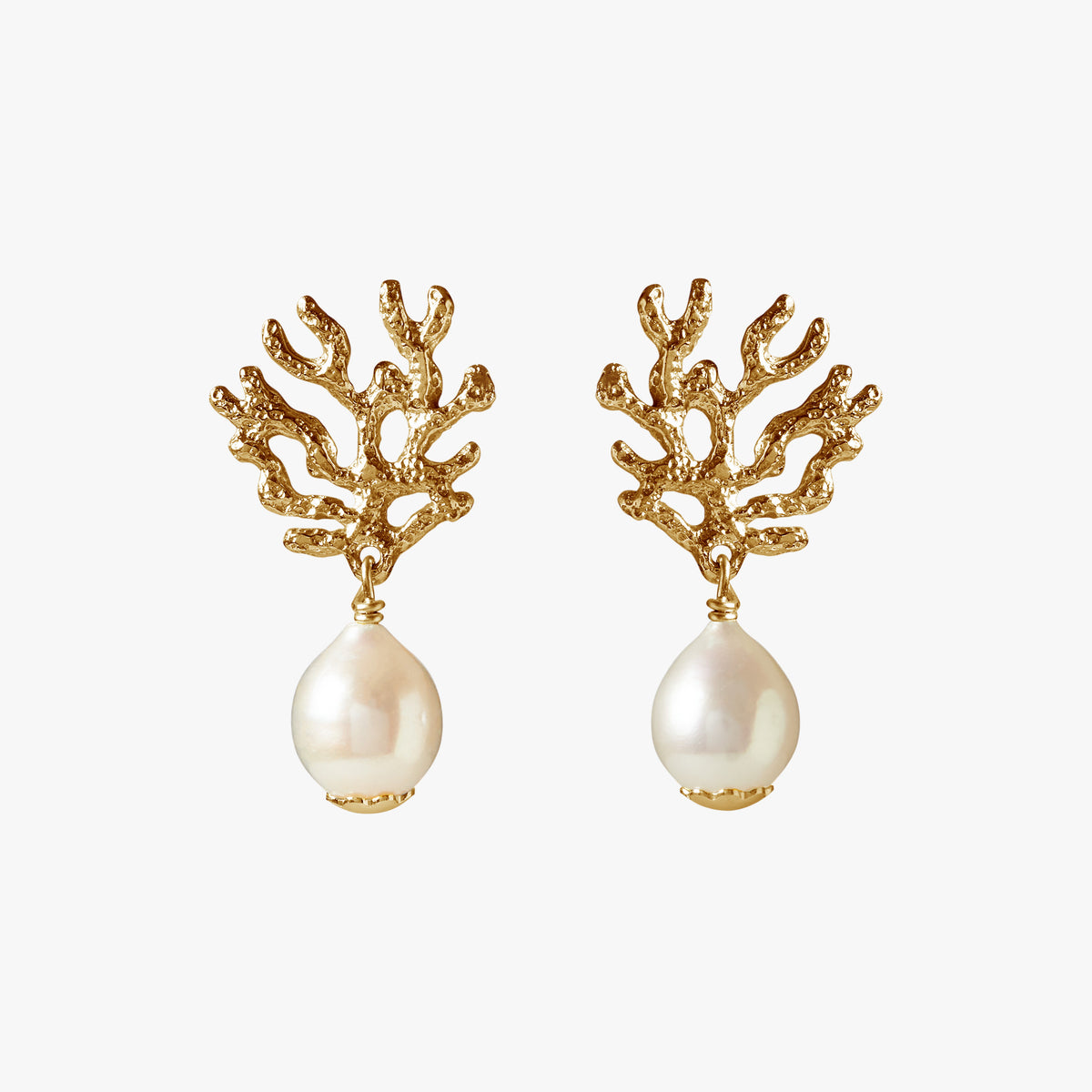 Plaine Corail gold drop earrings with white freshwater pearls and coral-inspired design