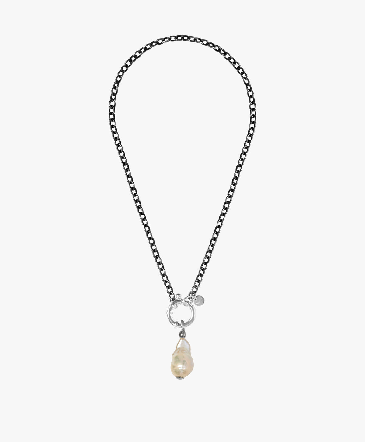 St Géran oxidised silver necklace with a natural freshwater medium baroque pearl, handmade by Oceano Jewels in Mauritius