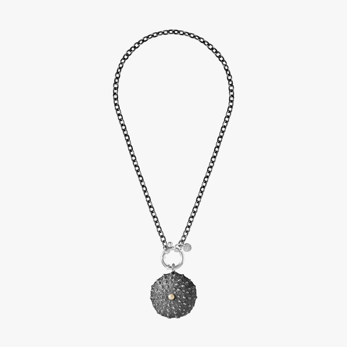 St Géran oxidised silver sea urchin necklace with white freshwater pearl by Oceano Jewels