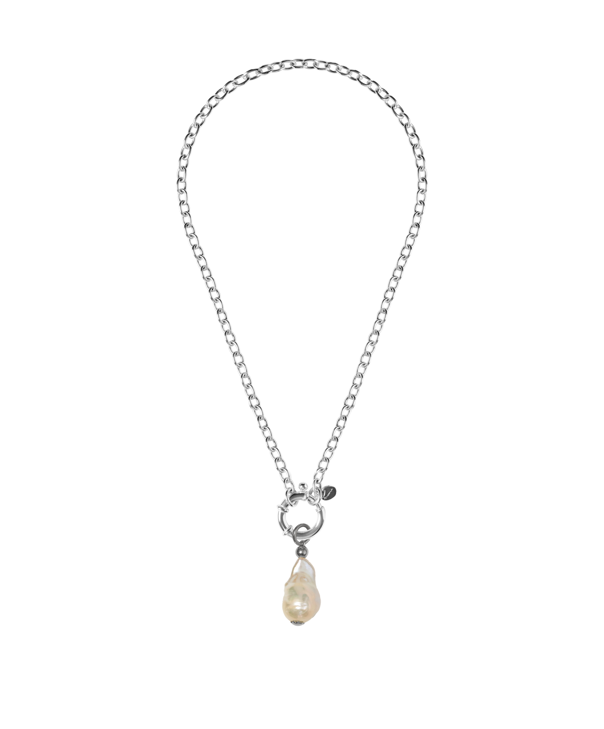 St Géran oxidised silver necklace with a natural freshwater medium baroque pearl, handmade by Oceano Jewels in Mauritius
