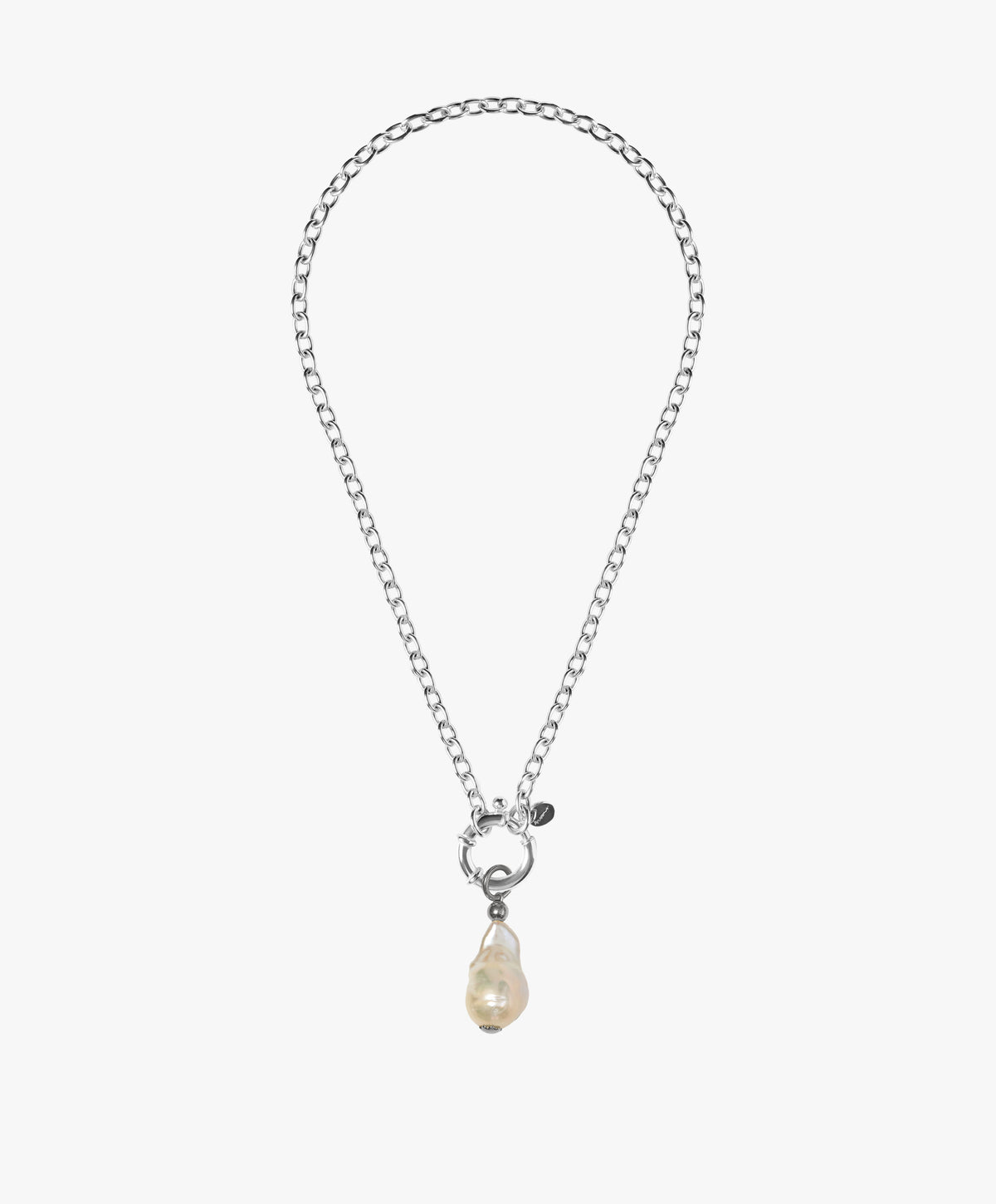 St Géran oxidised silver necklace with a natural freshwater medium baroque pearl, handmade by Oceano Jewels in Mauritius