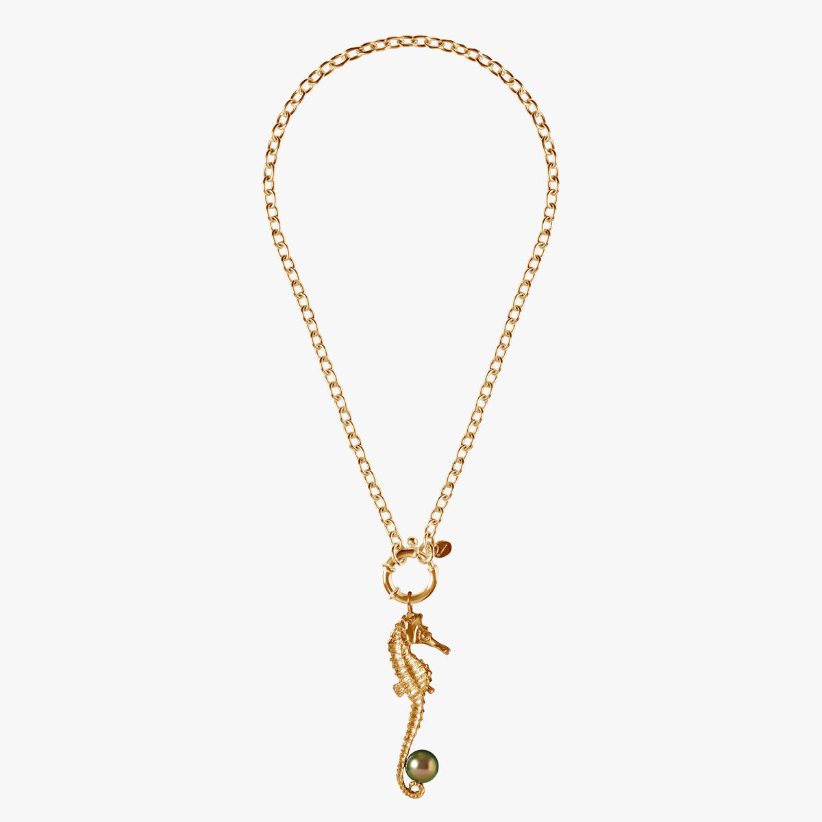 St Géran gold seahorse necklace with Tahitian pearl in 18K gold vermeil.