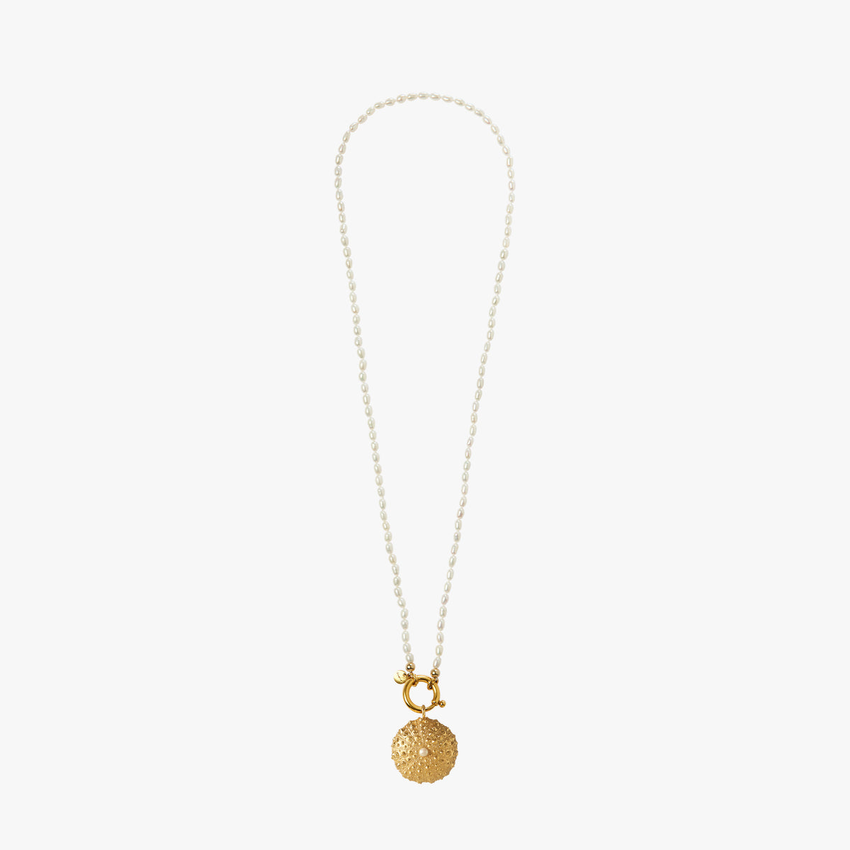 Oceano Jewels Surinam 70cm gold necklace with white rice pearls and sea urchin pendant