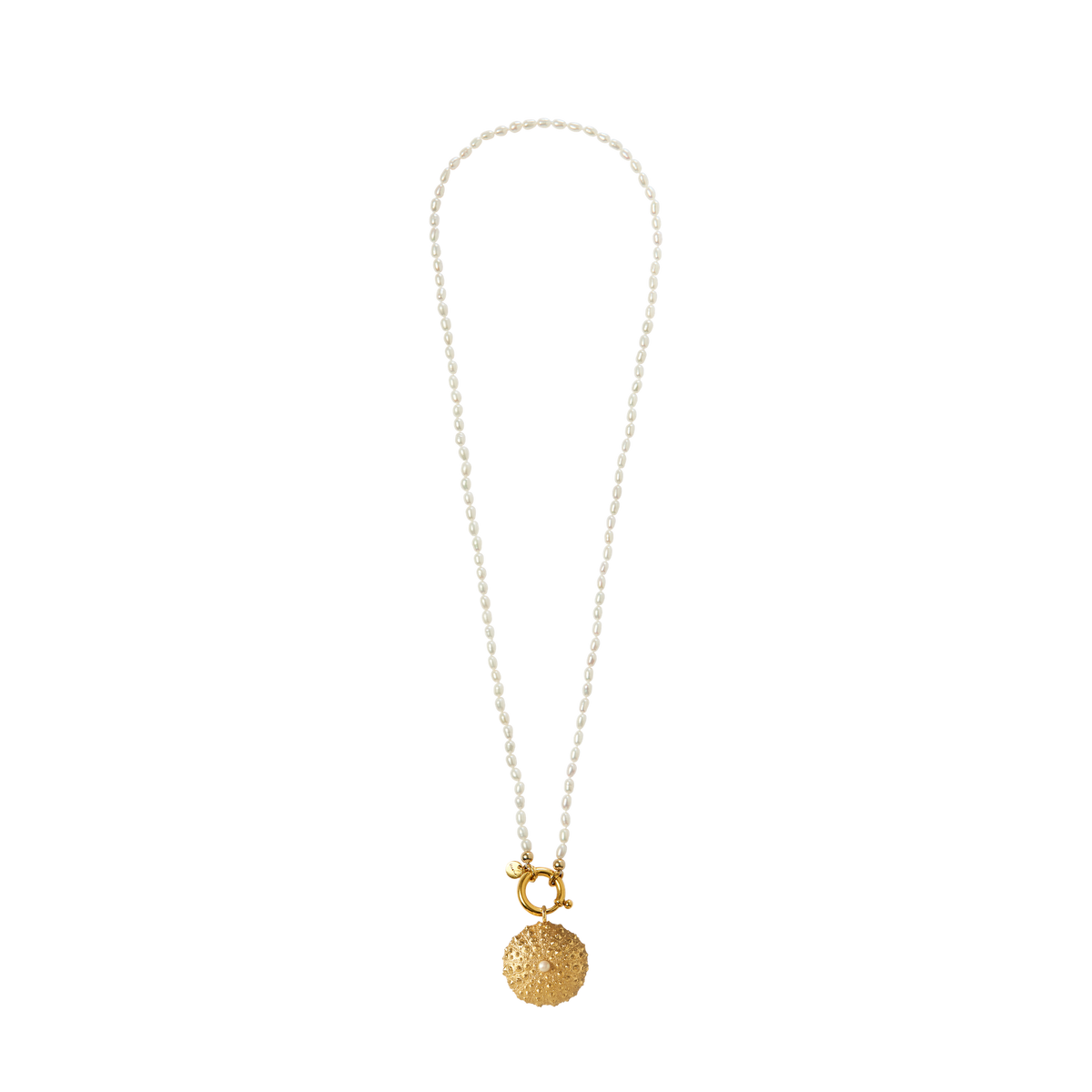 Oceano Jewels Surinam 70cm gold necklace with white rice pearls and sea urchin pendant