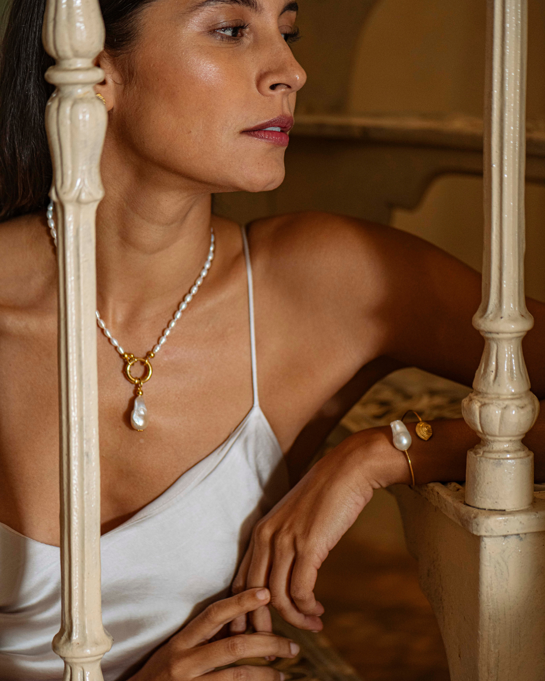 Close-up of the natural white baroque pearl on the Surinam sterling silver necklace