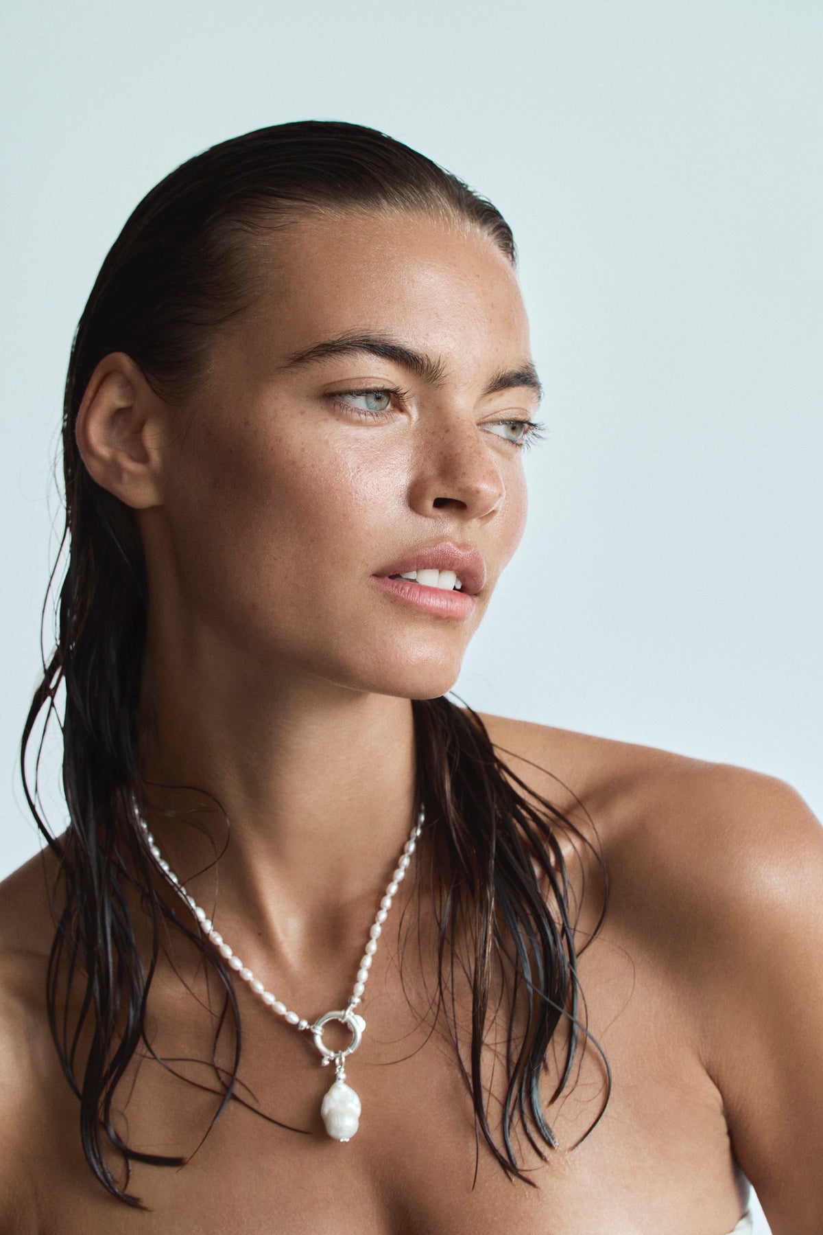 Surinam silver necklace with white baroque pearl worn as a statement necklace