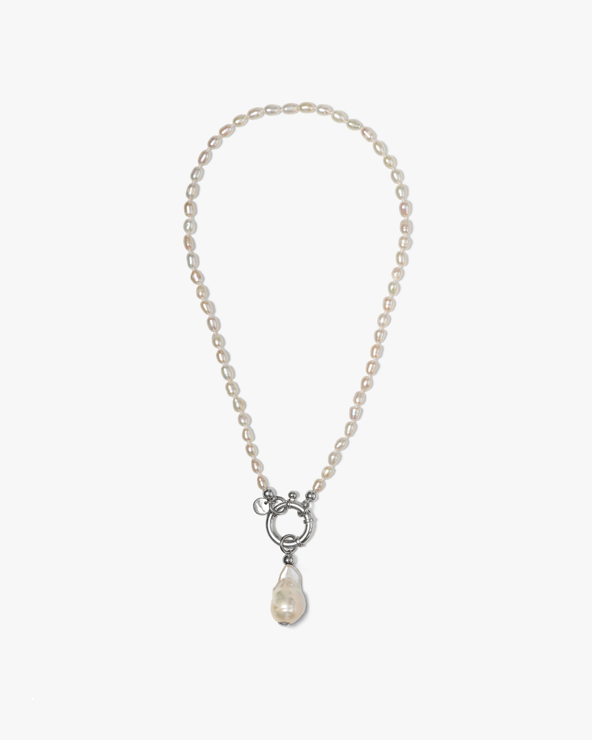 Surinam silver necklace with white baroque pearl and freshwater rice pearls