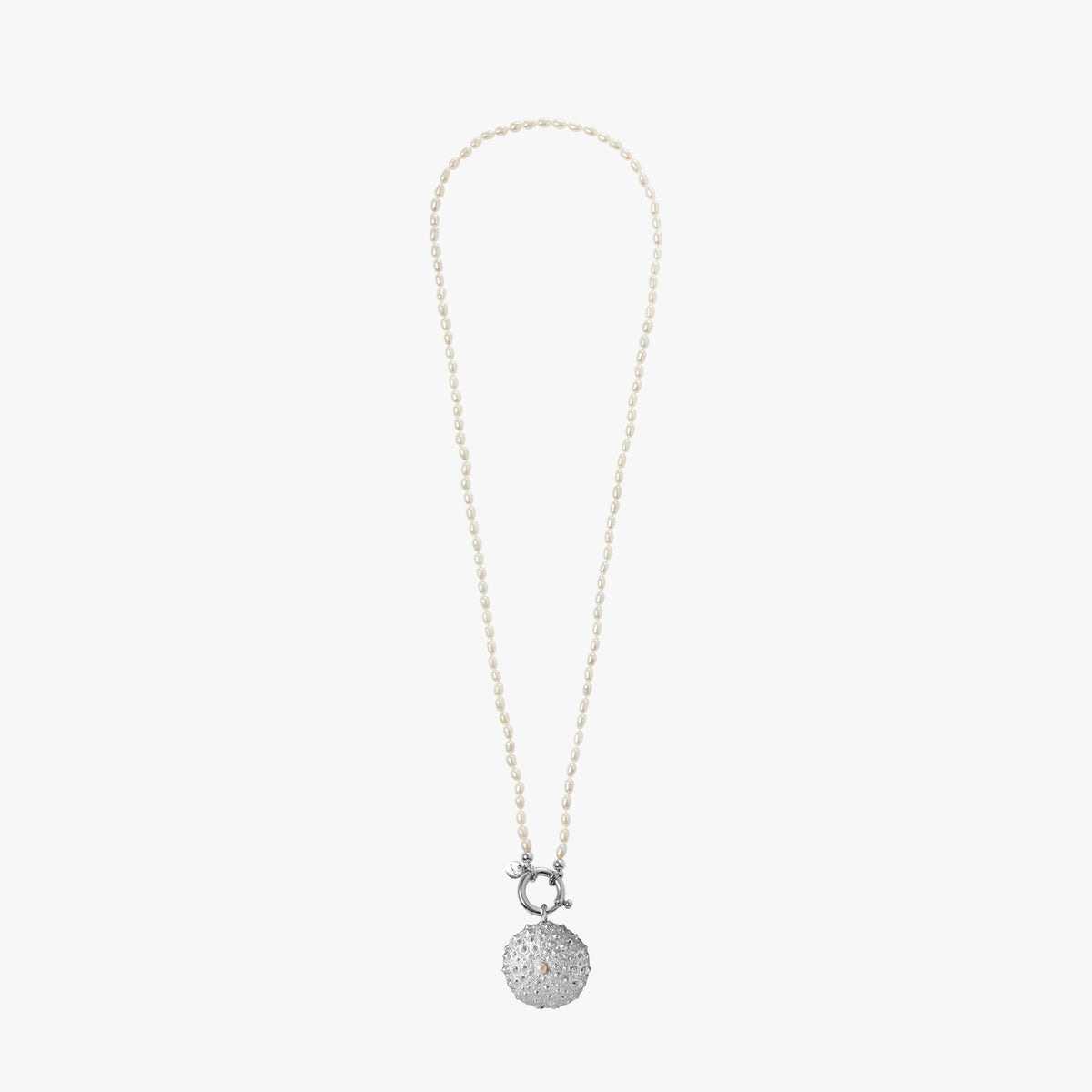 Oceano Surinam 70cm silver necklace with white rice pearls and sterling silver sea urchin pendant