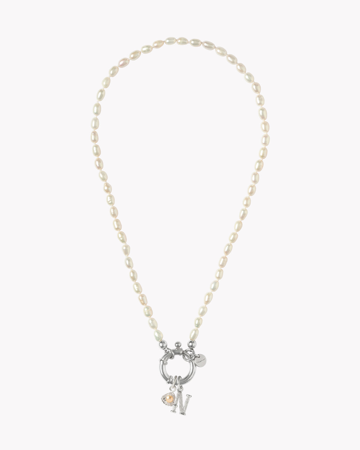 42cm Surinam sterling silver necklace with white freshwater pearls and personalised letter charms