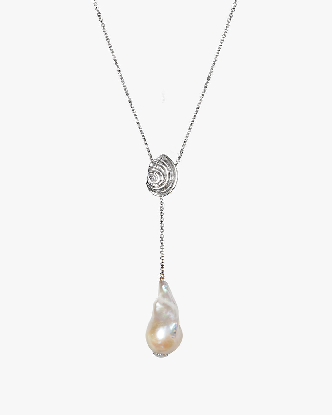 Sterling silver Trou d'Eau Douce spiral shell necklace with a natural white freshwater baroque pearl