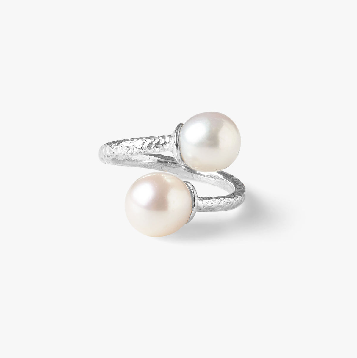 Trou d'Eau Douce open-ended sterling silver ring with two 10mm white freshwater pearls, handcrafted in Mauritius