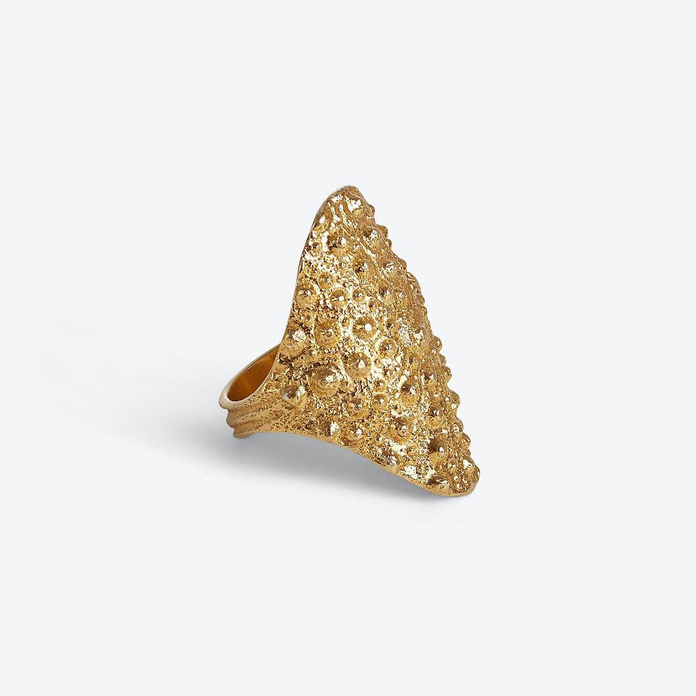 Close-up of Grand Gaube gold vermeil ring with sea urchin inspired texture