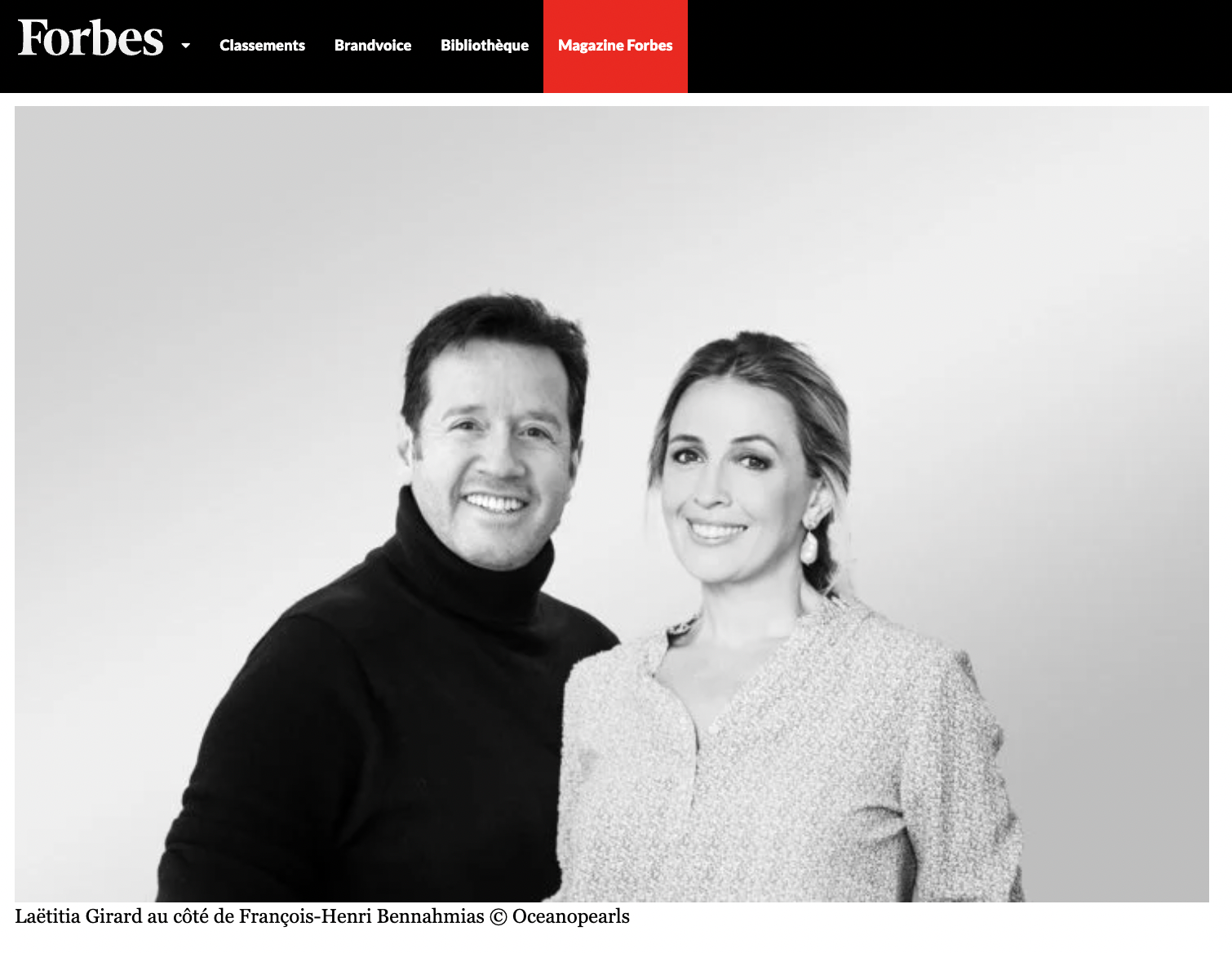Women Empowering Women: Oceano Ambassador Laetitia Girard Wears Agalega Earrings in Forbes Magazine - Oceano Pearls