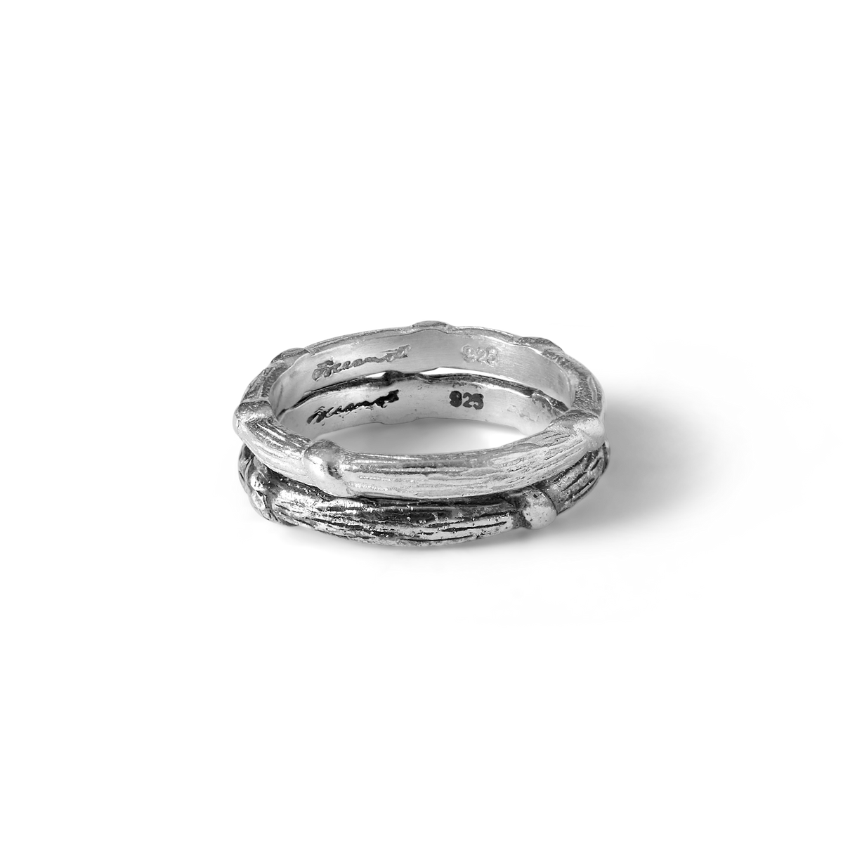 Close-up of the textured Bel Air oxidised sterling silver ring inspired by Mauritian sugar cane
